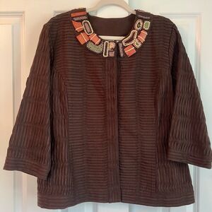 Chico’s Burundi Beat Bernita Beaded Pleated Brown Blazer Size 3 (US Size 16)